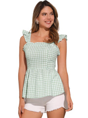Gingham Peplum Top Summer Square Neck Sleeveless Plaid Blouse
