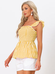 Gingham Peplum Top Summer Square Neck Sleeveless Plaid Blouse