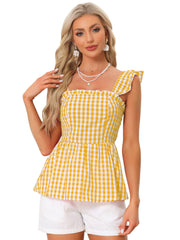 Gingham Peplum Top Summer Square Neck Sleeveless Plaid Blouse