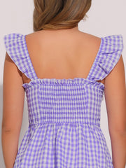 Gingham Peplum Top Summer Square Neck Sleeveless Plaid Blouse