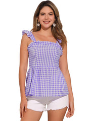 Gingham Peplum Top Summer Square Neck Sleeveless Plaid Blouse