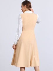Lace Trim Button Decor Pockets Overalls Midi Pinafore Dress