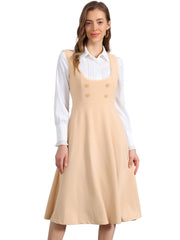 Lace Trim Button Decor Pockets Overalls Midi Pinafore Dress