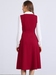Lace Trim Button Decor Pockets Overalls Midi Pinafore Dress