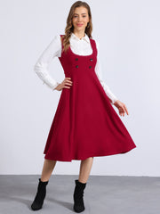 Lace Trim Button Decor Pockets Overalls Midi Pinafore Dress