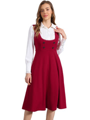 Lace Trim Button Decor Pockets Overalls Midi Pinafore Dress