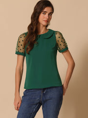 Peter Pan Collar Puff Mesh Short Sleeve Polka Dot Blouse