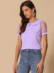 Peter Pan Collar Puff Mesh Short Sleeve Polka Dot Blouse