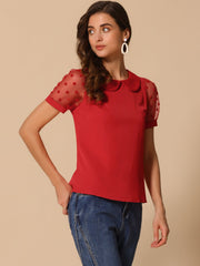 Peter Pan Collar Puff Mesh Short Sleeve Polka Dot Blouse