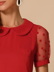 Peter Pan Collar Puff Mesh Short Sleeve Polka Dot Blouse