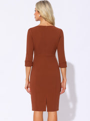 3/4 Sleeve Notch Neck Slim Fit Work Pencil Midi Dress