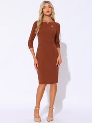 3/4 Sleeve Notch Neck Slim Fit Work Pencil Midi Dress