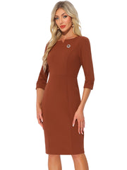 3/4 Sleeve Notch Neck Slim Fit Work Pencil Midi Dress