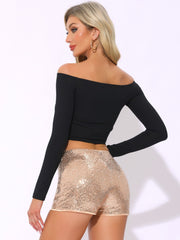 Sequin Midrise Solid Sparkle Cocktail Zipper Elastic Waist Shorts