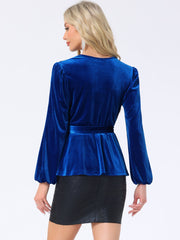 Velvet Wrap Tie Waist Long Sleeve Peplum Blouse