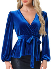 Velvet Wrap Tie Waist Long Sleeve Peplum Blouse