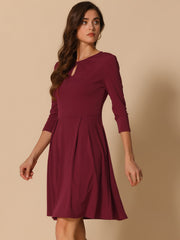 3/4 Sleeve Pleated Keyhole Pockets A-Line Above Knee Dress