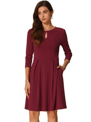 3/4 Sleeve Pleated Keyhole Pockets A-Line Above Knee Dress