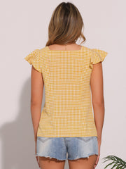 Summer Gingham Tops Square Neck Ruffle Cap Sleeve Blouse