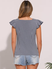 Summer Gingham Tops Square Neck Ruffle Cap Sleeve Blouse