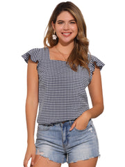 Summer Gingham Tops Square Neck Ruffle Cap Sleeve Blouse