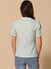 Plaid Puff Short Sleeve Gingham Peter Pan Collar Button Down Shirt