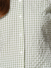 Plaid Puff Short Sleeve Gingham Peter Pan Collar Button Down Shirt