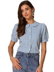 Plaid Puff Short Sleeve Gingham Peter Pan Collar Button Down Shirt