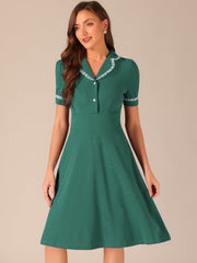 Work Lace Notched Collar Vintage 1950s Short Sleeve Midi Shirt Dress