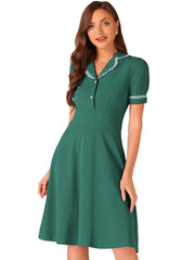 Work Lace Notched Collar Vintage 1950s Short Sleeve Midi Shirt Dress