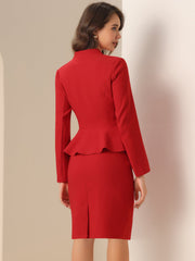 2 Piece Long Sleeve Collarless Peplum Blazer and Pencil Skirt Work Suit Set