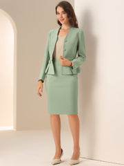 2 Piece Long Sleeve Collarless Peplum Blazer and Pencil Skirt Work Suit Set