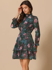 Floral Chiffon Long Sleeve Mock Neck Ruffle Layered Mini Dress