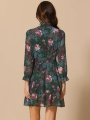 Floral Chiffon Long Sleeve Mock Neck Ruffle Layered Mini Dress