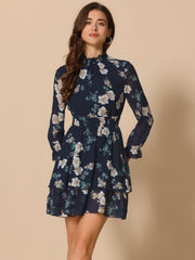 Floral Chiffon Long Sleeve Mock Neck Ruffle Layered Mini Dress