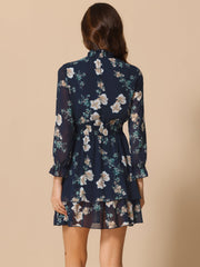 Floral Chiffon Long Sleeve Mock Neck Ruffle Layered Mini Dress