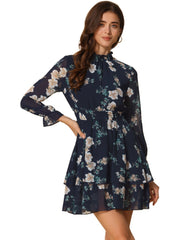 Floral Chiffon Long Sleeve Mock Neck Ruffle Layered Mini Dress