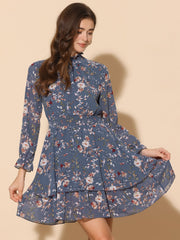 Floral Chiffon Long Sleeve Mock Neck Ruffle Layered Mini Dress