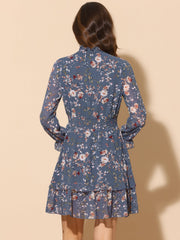 Floral Chiffon Long Sleeve Mock Neck Ruffle Layered Mini Dress