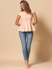 Elegant Round Neck Solid Color Cap Sleeve Peplum Blouse