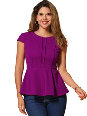 Elegant Round Neck Solid Color Cap Sleeve Peplum Blouse