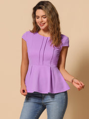 Elegant Round Neck Solid Color Cap Sleeve Peplum Blouse
