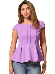 Elegant Round Neck Solid Color Cap Sleeve Peplum Blouse