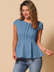 Elegant Round Neck Solid Color Cap Sleeve Peplum Blouse