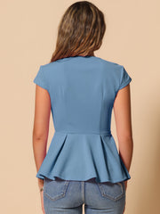 Elegant Round Neck Solid Color Cap Sleeve Peplum Blouse