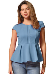 Elegant Round Neck Solid Color Cap Sleeve Peplum Blouse
