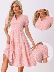 Ruffle Trim V Neck Button Decor Plaid Gingham Tiered Midi Dress