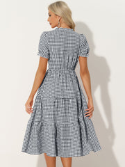 Ruffle Trim V Neck Button Decor Plaid Gingham Tiered Midi Dress