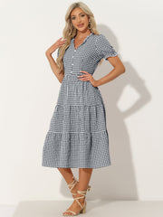 Ruffle Trim V Neck Button Decor Plaid Gingham Tiered Midi Dress