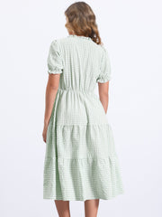 Ruffle Trim V Neck Button Decor Plaid Gingham Tiered Midi Dress